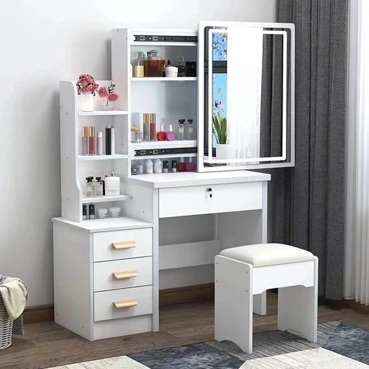 Table de Maquillage Moderne avec Miroir Éclairé et Tabouret - 4 Tiroirs et 6 Étagères - Blanc
