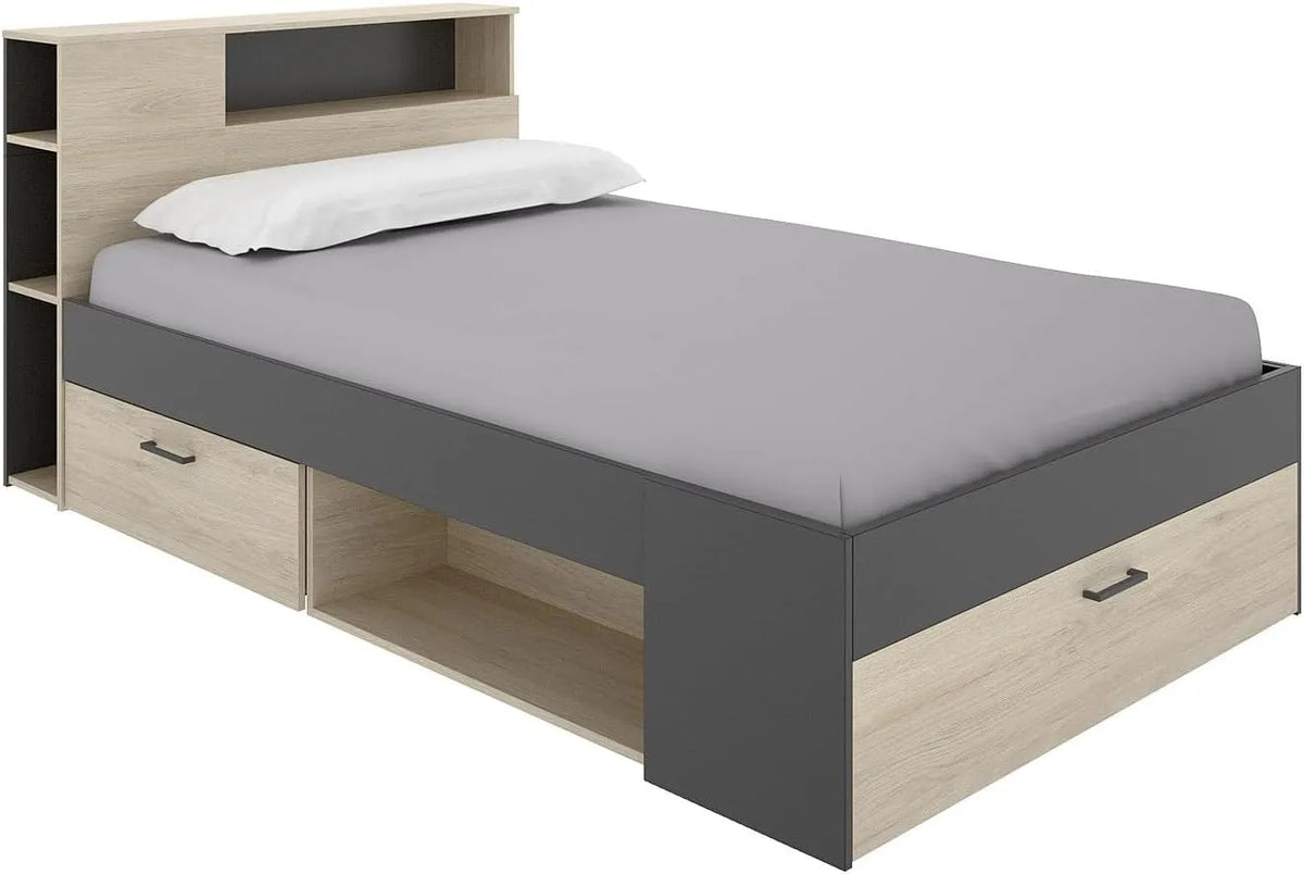 Lit Enfant Leandre avec Rangement et Tiroirs 120x190cm - Naturel/Anthracite