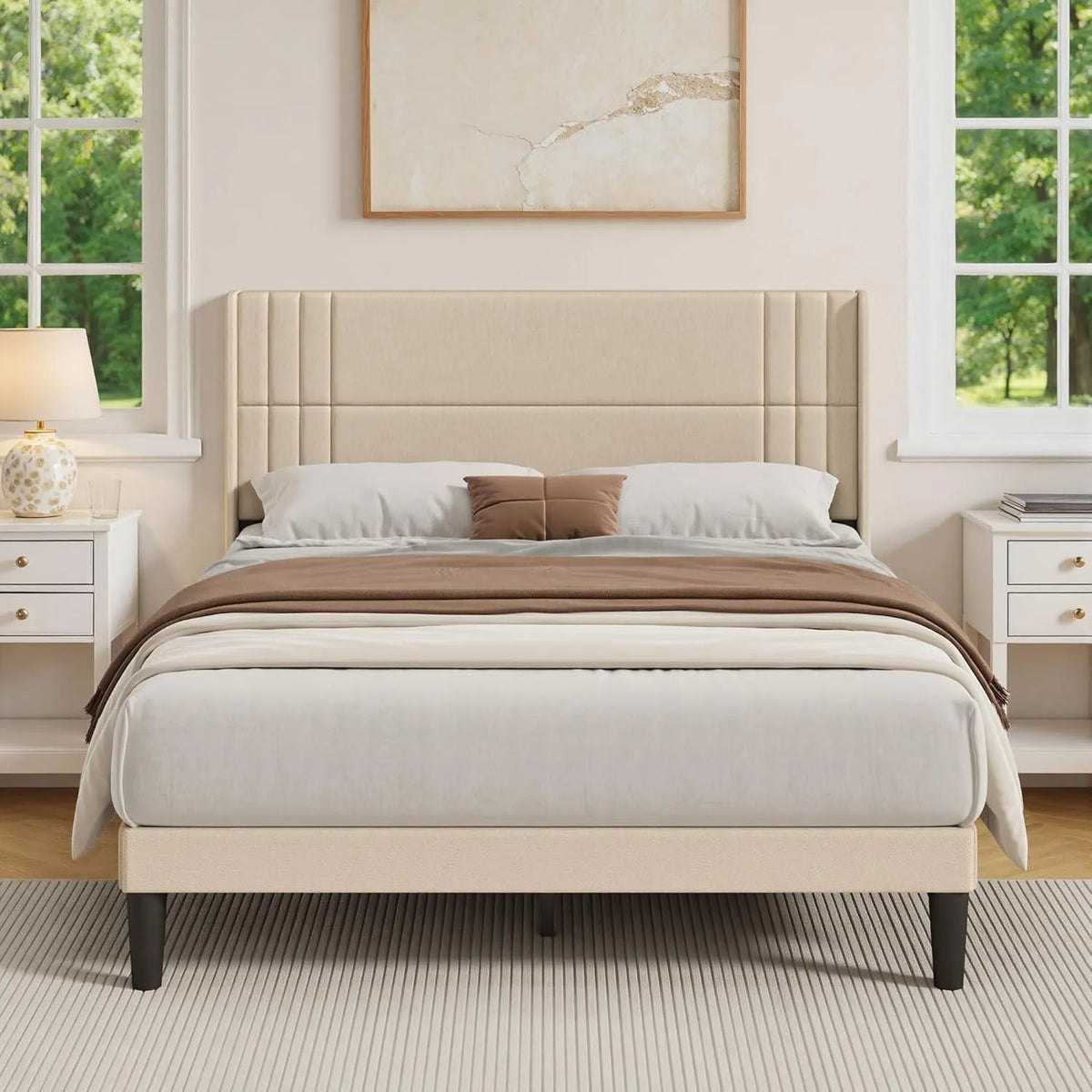 Lit Moderne Capitonné 160x200 cm en Tissu Beige avec Tête de Lit