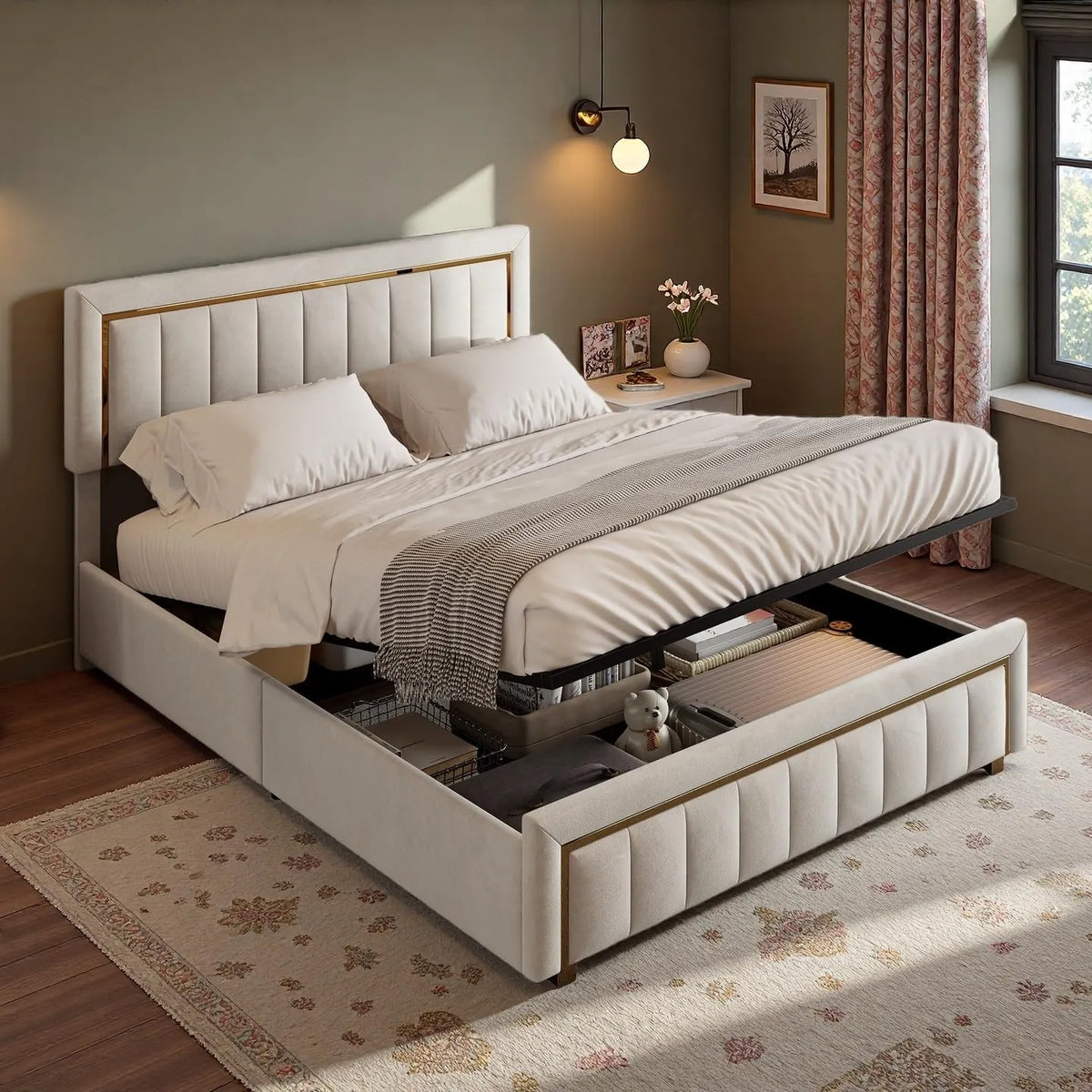 Lit Double Velours Beige 160x200 cm avec Rangement Hydraulique et Tête de Lit