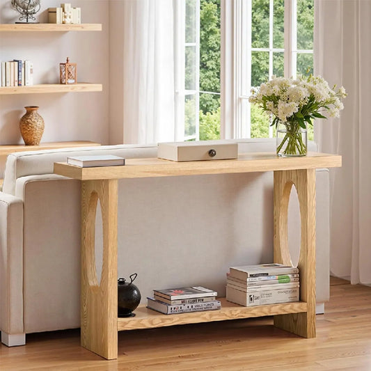 Console en bois naturel 100 cm avec tiroirs et étagères pour salon et entrée