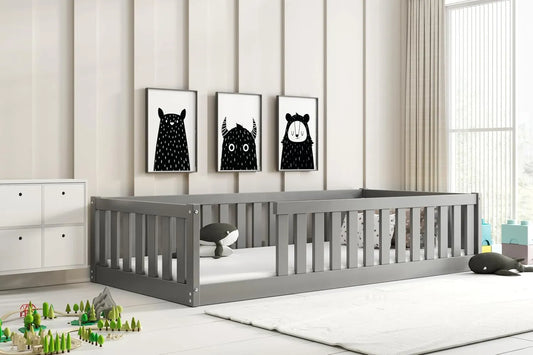 Lit enfant Montessori en bois massif gris avec barrière de sécurité, 90x190 cm