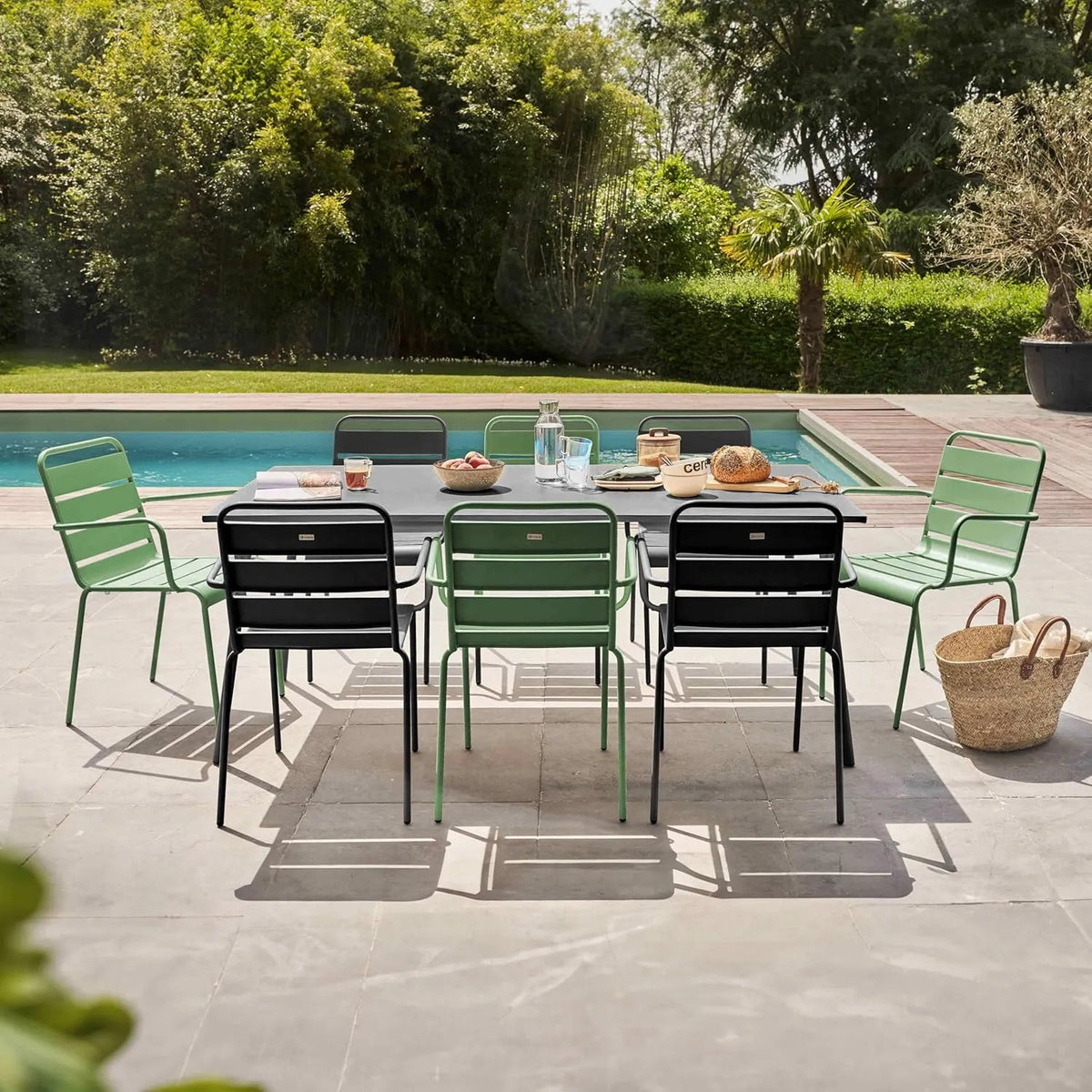 Ensemble de Table de Jardin avec 8 Fauteuils en Métal - Vert Cactus et Gris