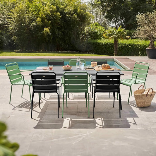 Ensemble de Table de Jardin avec 8 Fauteuils en Métal - Vert Cactus et Gris