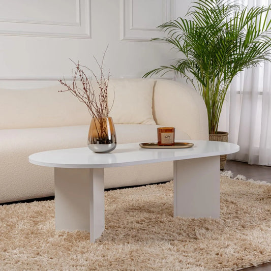 Table Basse Ovale Lumineuse en Blanc 119 x 60 cm AZOS | Design Moderne et Élégant | Bois Mélaminé Durable | Stable et Légère | Parfaite pour Salon Scandinave