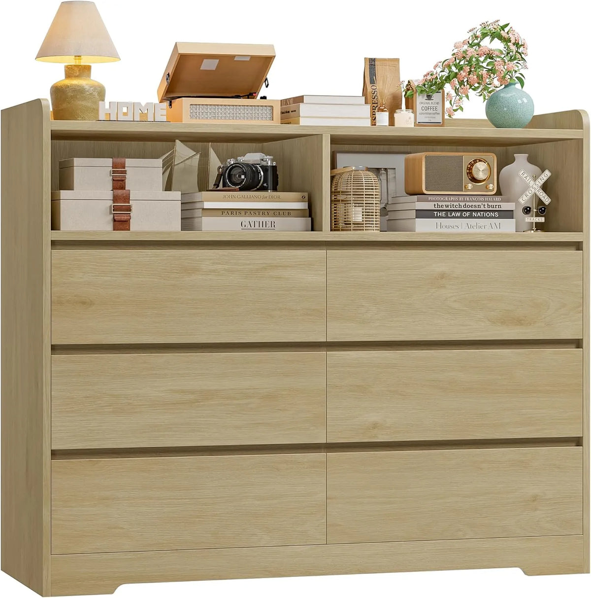 Commode 6 Tiroirs avec Étagères en Chêne pour Chambre et Salon, 120x40x100cm