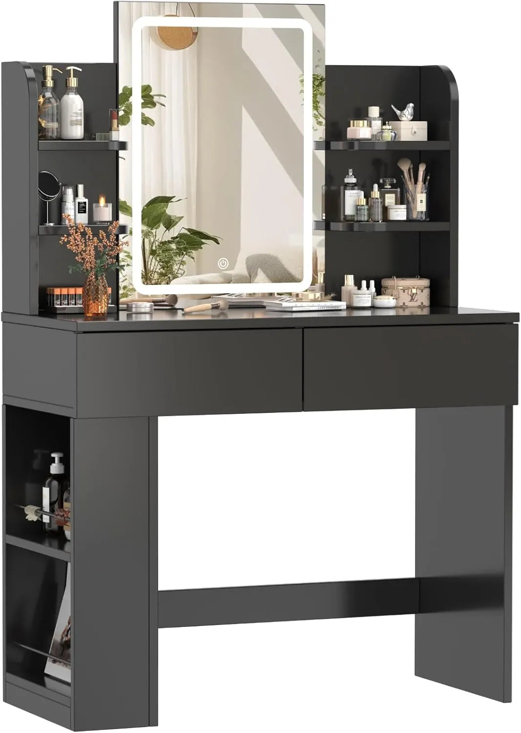 Coiffeuse Moderne Noire avec Miroir LED Ajustable, 90x40x135cm, avec Tiroirs et Étagères Latérales