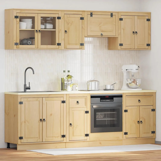 Ensemble de meubles en pin massif couleur miel pour salon et salle à manger - 8 pièces avec portes