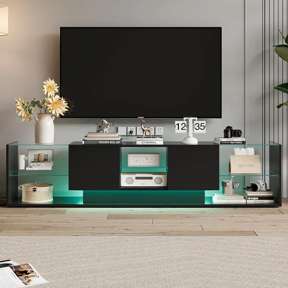 Meuble TV Moderne Noir avec LED et Rangement, 200 x 35 x 45 cm