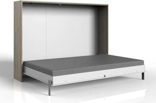 PEGANE Lit escamotable horizontal blanc et chêne - 212x154x43-167 cm