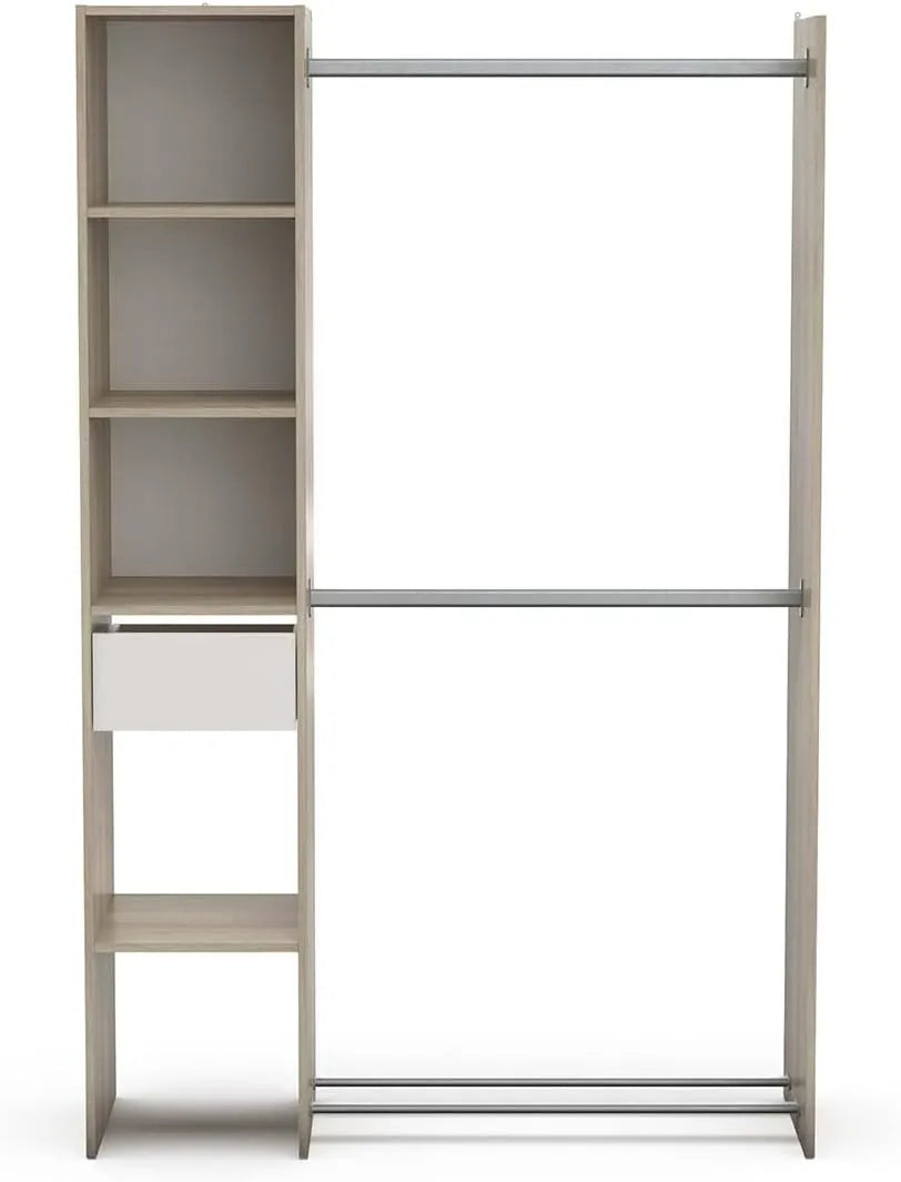 Armoire Dressing en Chêne avec 2 Penderies, 4 Étagères et 1 Tiroir - 118x39,5x183 cm