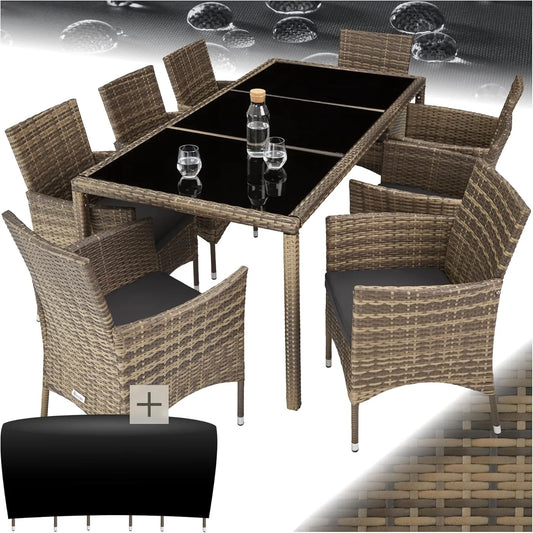 Ensemble de Salon de Jardin en Rotin avec Table et 8 Chaises Confortables - Marron et Gris Foncé