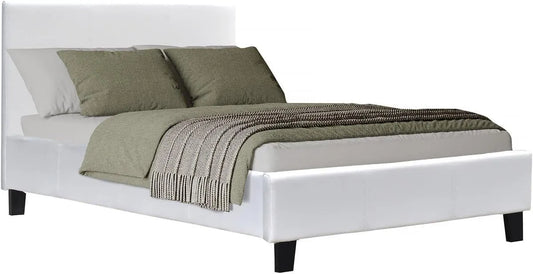 Lit Simple en Simili Cuir Blanc 90x190 cm avec Sommier et Tête de Lit