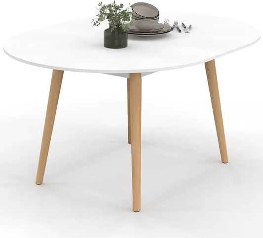 Table à Manger Ronde Extensible Angela, 4 à 8 Places, Blanc avec Pieds en Bois, 110-150 cm