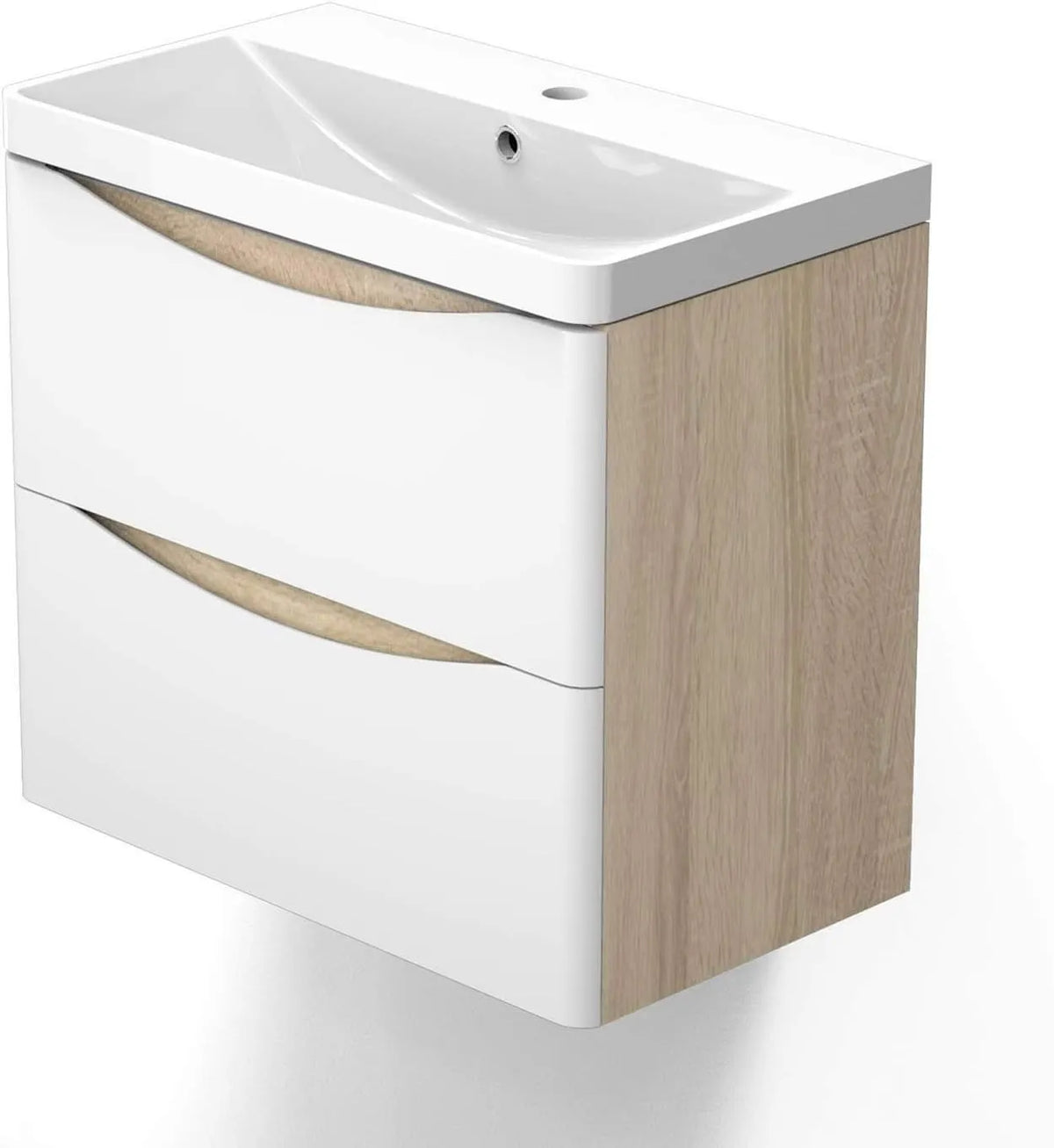 Ensemble de Meuble Suspendu sous Lavabo 60 cm en Blanc et Bois Clair pour Salle de Bain avec Rangement