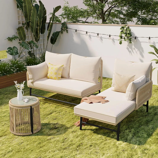 Set de mobilier de jardin en L avec cadre en fer et cordes beiges, salon extérieur avec table, entretien facile