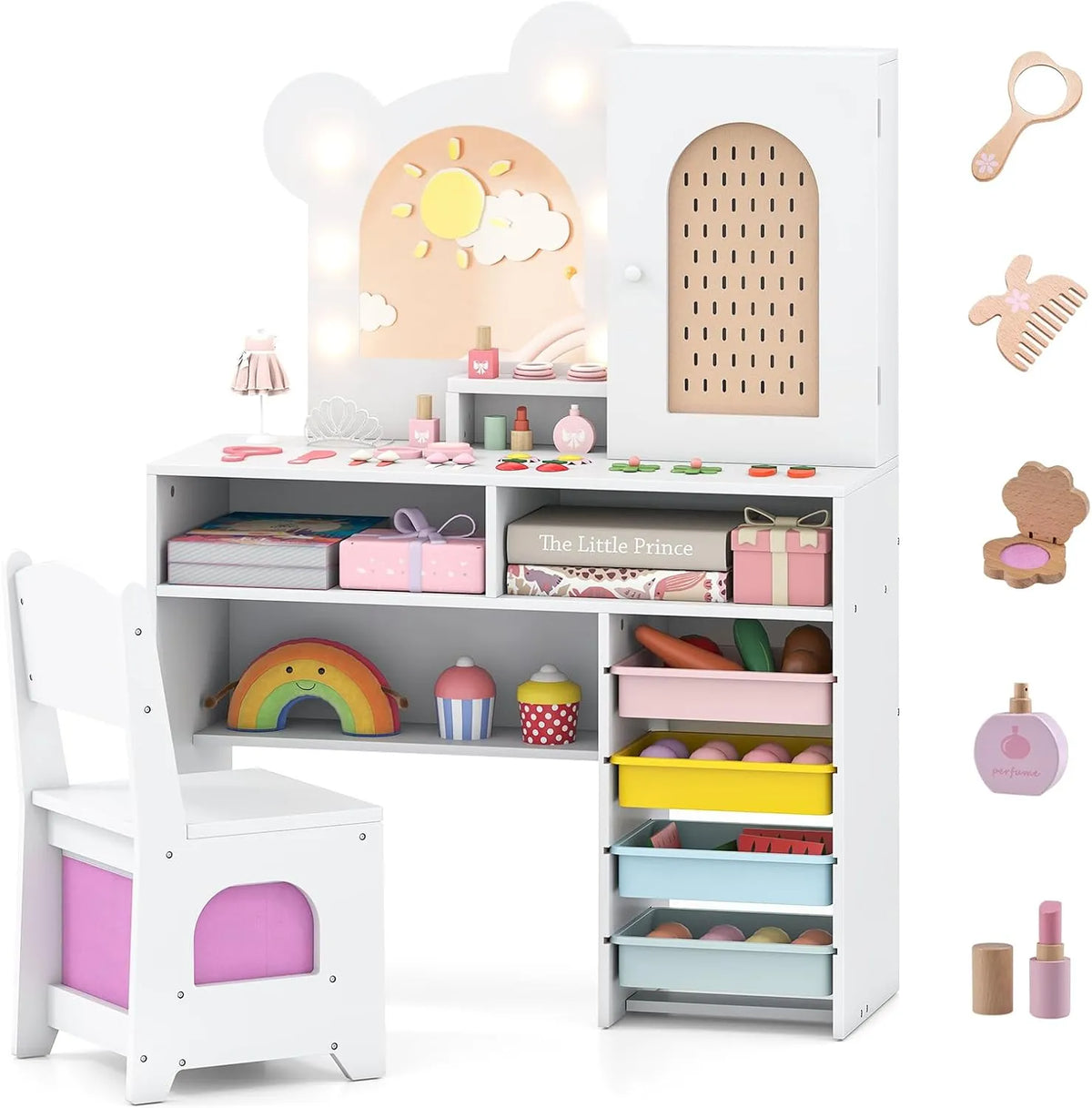 Ensemble Coiffeuse Enfant avec Chaise et Miroir LED, 5 Tiroirs, pour Chambre ou Salle de Jeux, 3 Ans et Plus