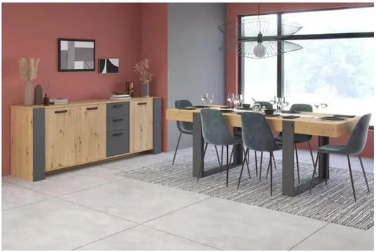 Set Salle à Manger LOFT - Chêne Artisan et Gris - Table Rectangulaire pour 8 Personnes avec Buffet 3 Portes