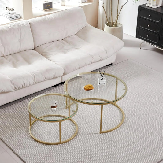 Ensemble de 2 Tables Basses Rondes Empilables en Verre Trempé et Métal Doré pour Salon et Salle à Manger