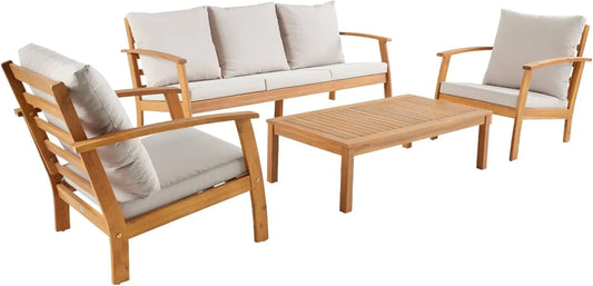 Salon de Jardin 5 Places en Acacia avec Canapé, Table et Fauteuils Écru