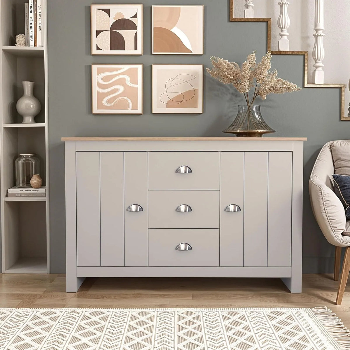 Buffet Lexington 2 Portes 3 Tiroirs - Armoire de Rangement Moderne - 119 x 40 x 76 cm - Gris Clair/Chêne
