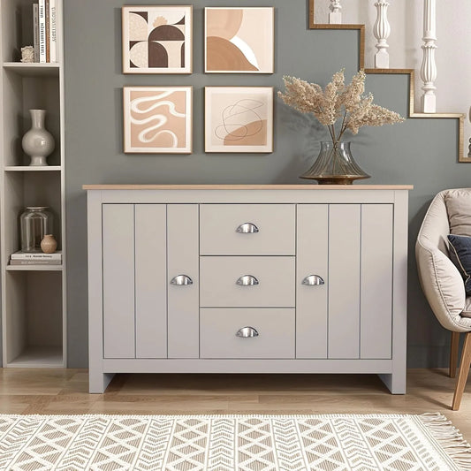 Buffet Lexington 2 Portes 3 Tiroirs - Armoire de Rangement Moderne - 119 x 40 x 76 cm - Gris Clair/Chêne