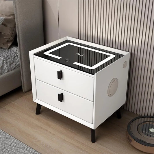 Table de Nuit Moderne avec LED et Chargeur Sans Fil en Cuir Blanc