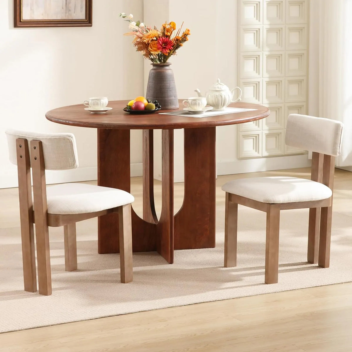 Set de 2 Chaises de Salle à Manger Rétro en Lin Beige avec Structure en Bois