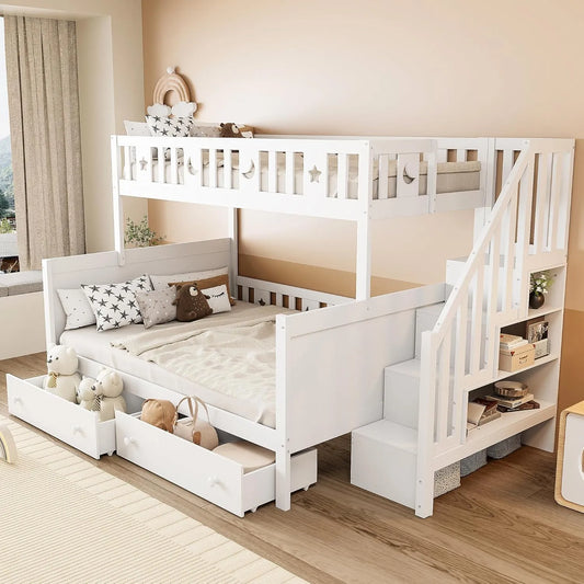 Lit Superposé Merax avec Échelle et Rangement, Blanc, 140x200 cm et 90x200 cm, pour Enfants