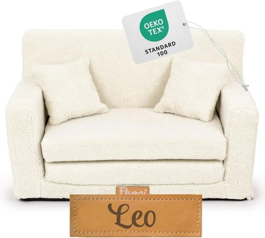 Canapé Enfant Convertible 3 en 1 Personnalisable avec Nom - Lit d'Ombre et Chauffeuse en Mousse, Couleur Boucle Beige Clair