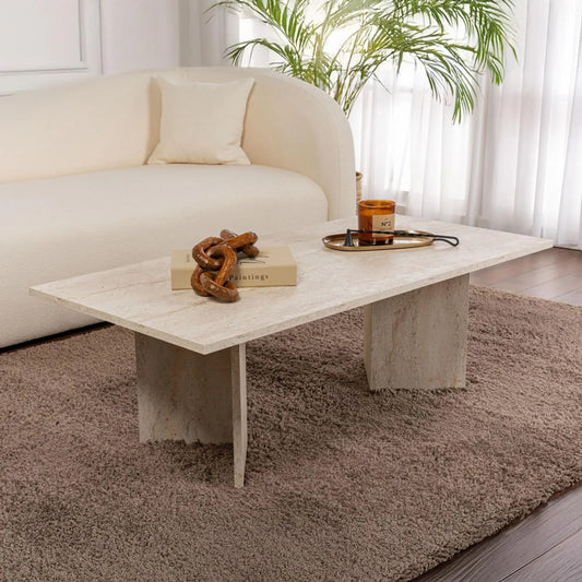 Table Basse Rectangulaire en Travertin 119x60 cm | Élégance Naturelle et Design Contemporain | Plateau Résistant et Pieds Stables
