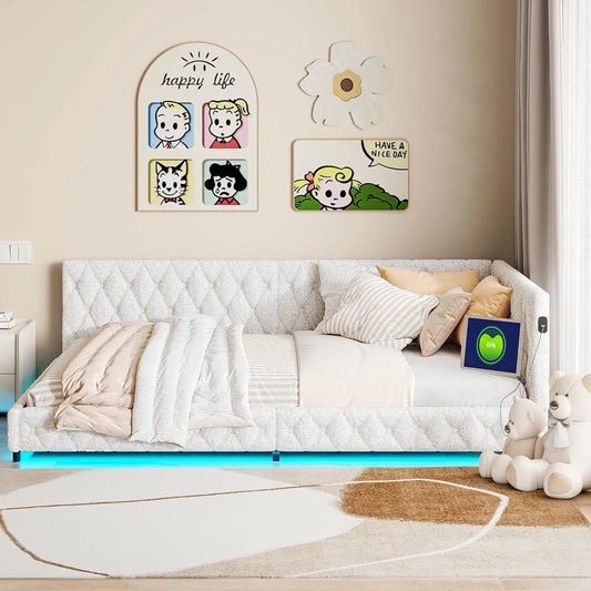 Canapé-lit multifonction en velours avec LED et port USB, 140 x 200 cm, beige/rose