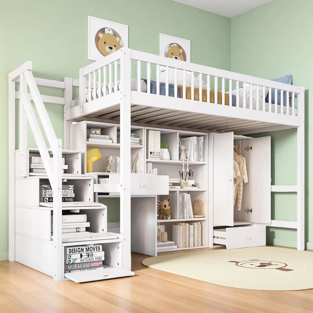 Lit mezzanine enfant 90x200 multifonctionnel avec bureau et rangement, bois massif blanc