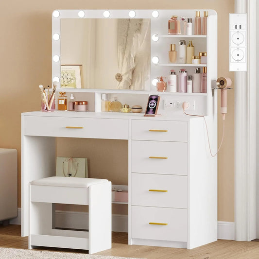 Coiffeuse Hzuaneri avec Lumières LED, Miroir Grand Format et Accessoires Complets