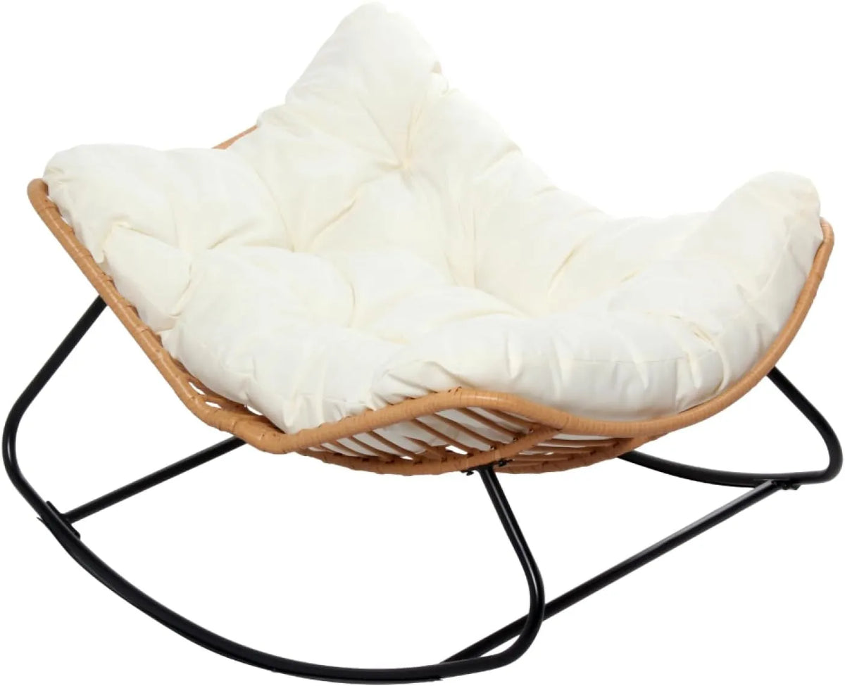 Chaise Bascule Résine Tressée CANGGU avec Coussins Beiges, Style Rotin, Cadre Acier Époxy
