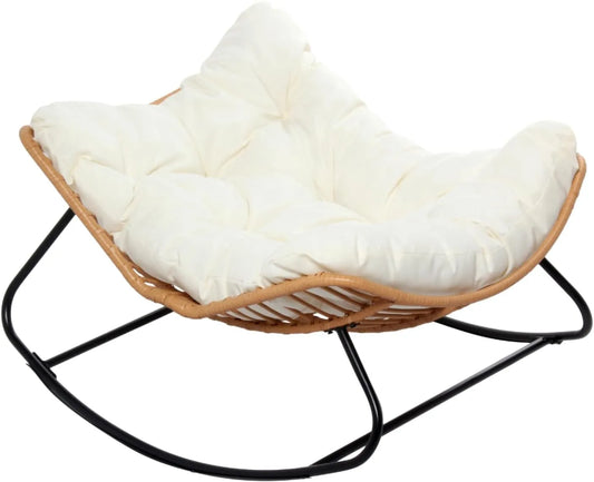 Chaise Bascule Résine Tressée CANGGU avec Coussins Beiges, Style Rotin, Cadre Acier Époxy