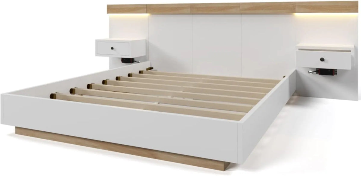 Ensemble de Lit Double Design LED avec Rangement Intégré et Chargeur USB, Style Flottant (Chêne et Blanc, 140x200 cm)