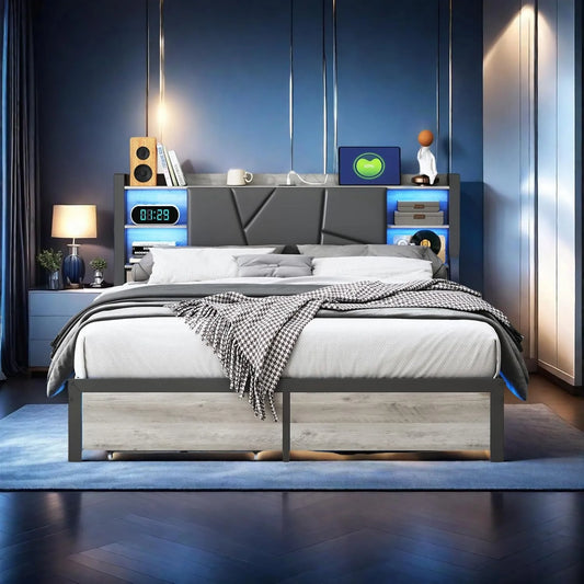 Lit double capitonné 140x200 cm avec LED, cuir synthétique, port USB, rangement et tiroirs