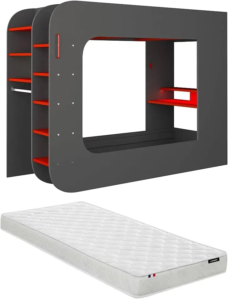 Lit Mezzanine Gamer avec LEDs et Rangement 90x200 cm - Anthracite/Rouge - Matelas Inclus