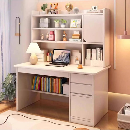 Bureau Moderne en Bois Blanc avec Étagère de Rangement et Armoire, 120x45x165cm