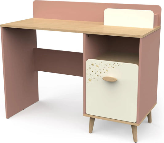Bureau d'Écolière Rose avec Porte et Étagère - 107x45x88cm - Peinture Écologique - Fabriqué en France - Collection Suzie
