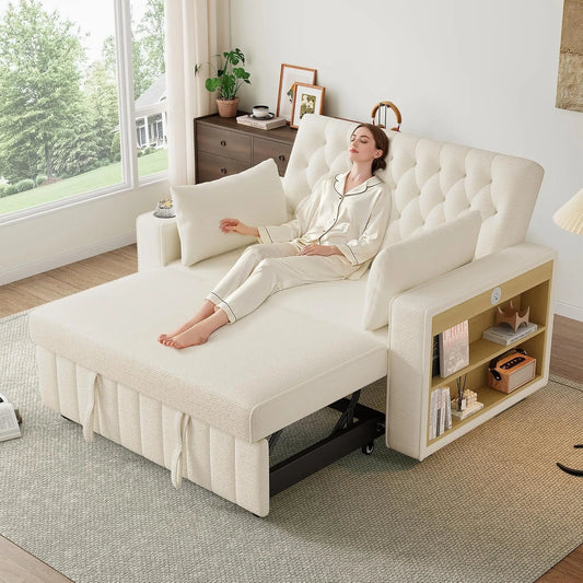 Canapé Convertible 2 Places Merax avec Dossier Ajustable, Ports USB et Rangement, Beige