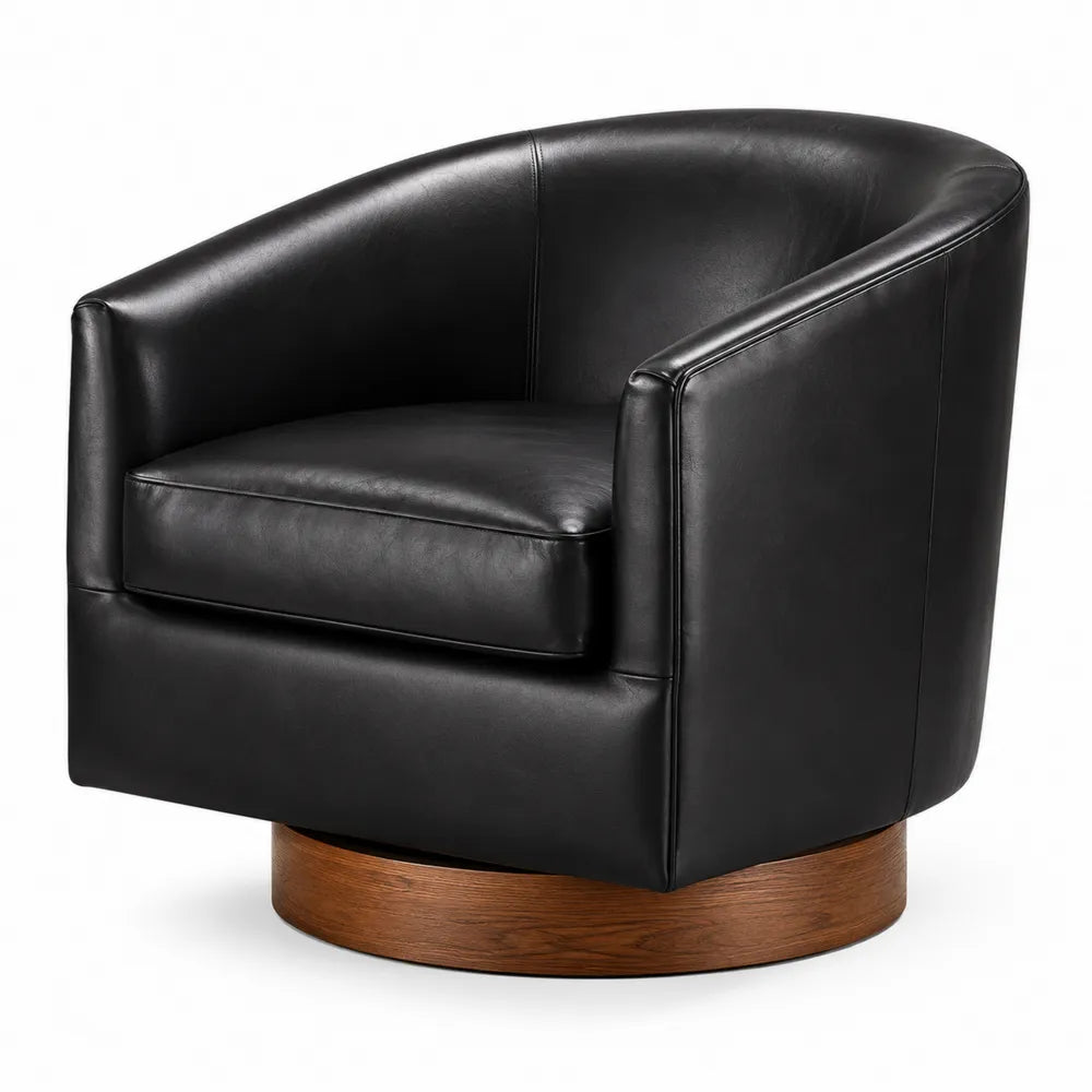 Fauteuil pivotant en cuir noir avec base en bois