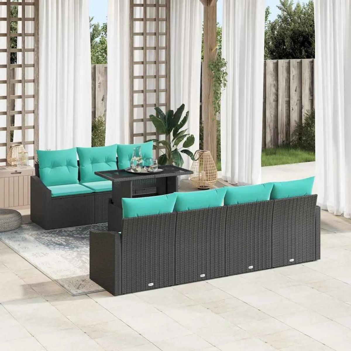 Ensemble de Jardin Modulable en Polyrotin Noir et Bleu, 8 Pièces avec Coussins