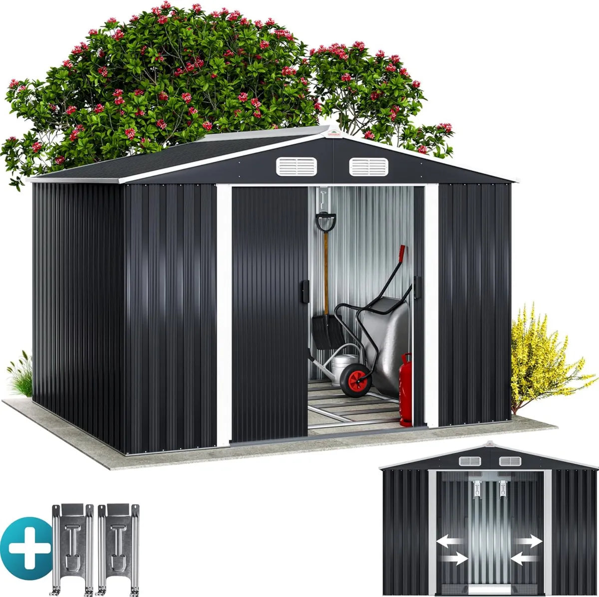 Abri de Jardin Métal XXL 5m² avec Porte Coulissante Anthracite et Fondation Inclus