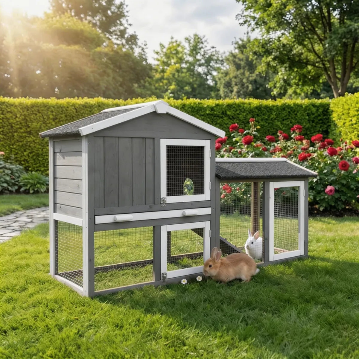 Clapier Lapin Miweba MyAnimal MH-03 XL - En Bois de Pin Résistant - Maison à Deux Étages avec 2 Niveaux pour Hiver