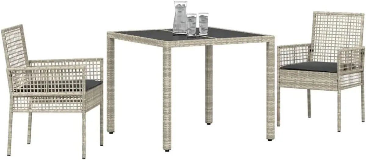 Ensemble de Repas d'Extérieur 3 Pièces en Rotin Gris Clair avec Table en Verre