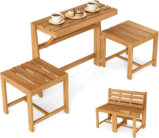 Ensemble de Jardin 3-en-1 en Acacia, Banc Convertible avec Table Pliable et Chaises Intégrées