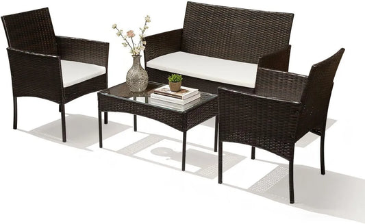 Ensemble de Mobilier de Jardin 4 Pièces en Rotin Marron, Canapé, Table et Fauteuils Résistants aux Intempéries pour Terrasse