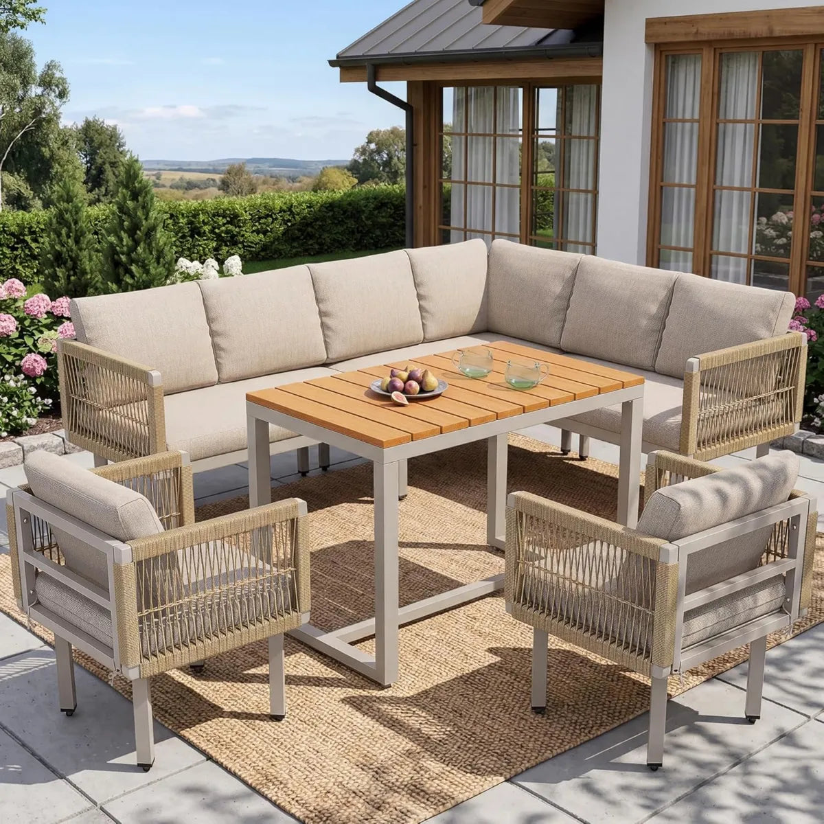 Ensemble de Jardin 8 Places, Canapé d'Angle, 2 Fauteuils et Table, Résistant aux Intempéries